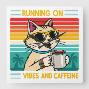 Retro Coffee Cat Vibes – Funny Caffeine Lover Square Wall Clock