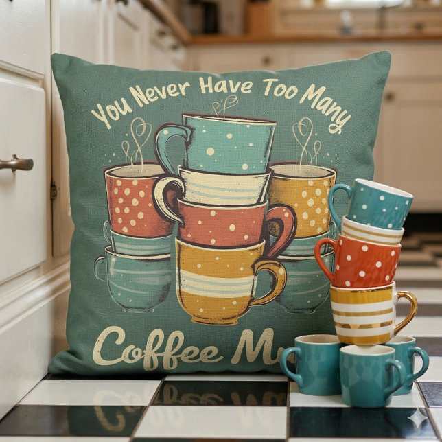 Retro Coffee Mug Stack Illustration Cushion (Retro Coffee Mug Stack Illustration Throw Pillow With Stack of Mugs)