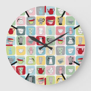 Retro Coffee Pots and Cups Pattern Large Clock