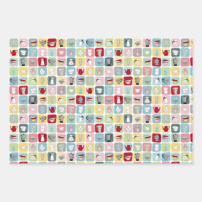 Retro Coffee Pots and Cups Pattern Wrapping Paper Sheet (Front)