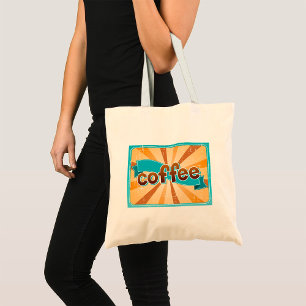 Retro Coffee Typography Teal Brown Sunburst Tote Bag
