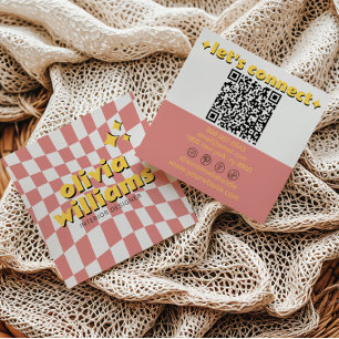 Retro Colorful Bold QR Code Groovy Checkered Boho Square Business Card