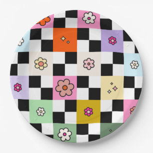 Retro Colorful Checkered Daisies Flower Check Paper Plate