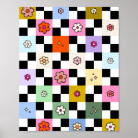 Retro Colorful Checkered Daisies Flower Check