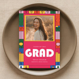Retro Colorful Grad Photo Graduation Invitation Postcard