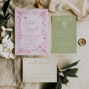 Retro Colorful Hand Drawn Floral Garden Wedding Invitation