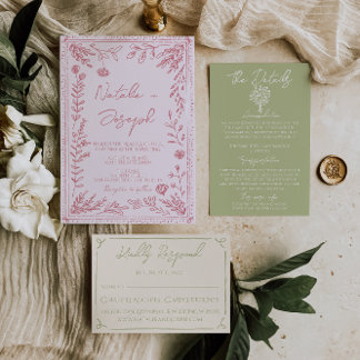 Retro Colorful Hand Drawn Floral Garden Wedding Invitation