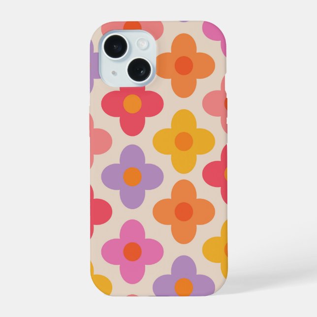 Retro Colorful Hippie Mod Flowers Pattern  iPhone 15 Case (Back)