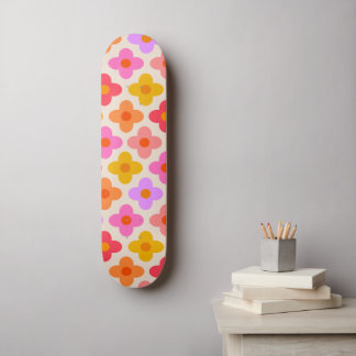 Retro Colorful Hippie Mod Flowers Pattern  Skateboard