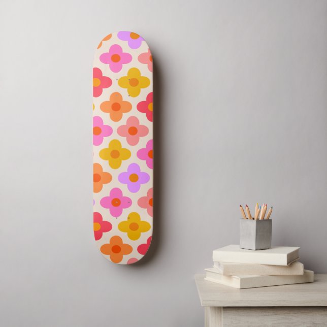 Retro Colorful Hippie Mod Flowers Pattern  Skateboard (Wall Art)