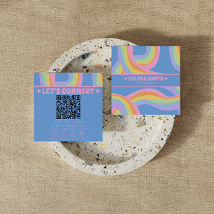 Retro Colorful Pink Blue Rainbow QR Code Groovy Square Business Card