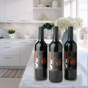 Retro Colorful Striped Fifty Birthday Party Chic Wine Label