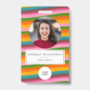 Retro Colorful Wavy Stripes Cute Employee Photo ID Badge