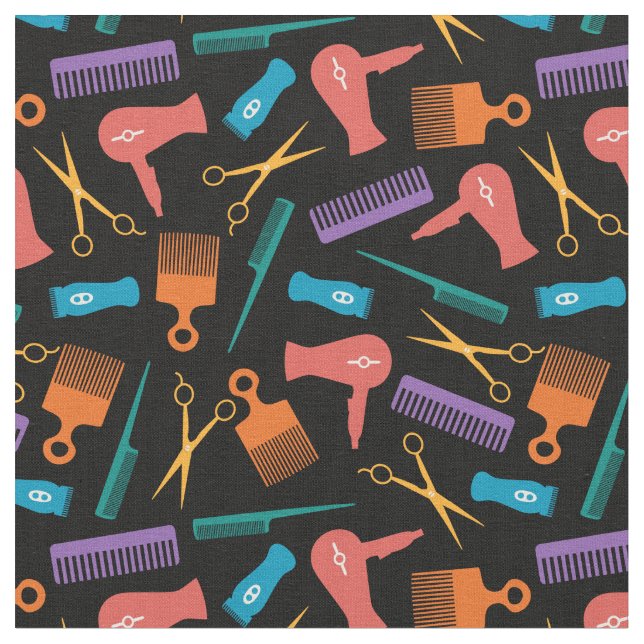 Retro Colors Black Hair Tool Silhouette Pattern Fabric (Close Up)