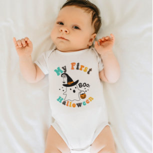Retro colors Cute Boo Ghost My First Halloween Baby Bodysuit