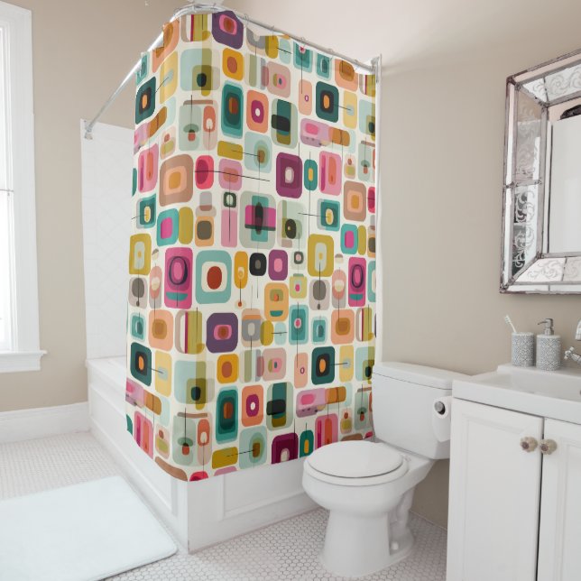 RETRO Colour Blocks Mid Century Modern Geometric  Shower Curtain (In Situ)
