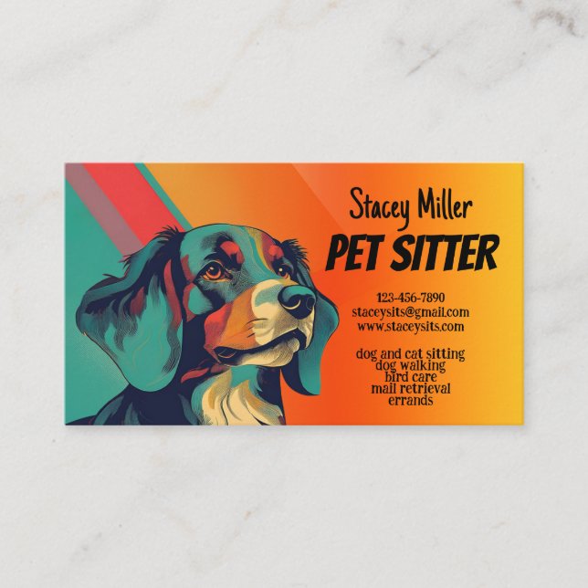 Retro Colour Dog Pet Sitting Business Card (Front)