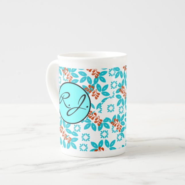 Retro Colour Leaf Pattern Monogrammed Bone China Mug (Front Left)