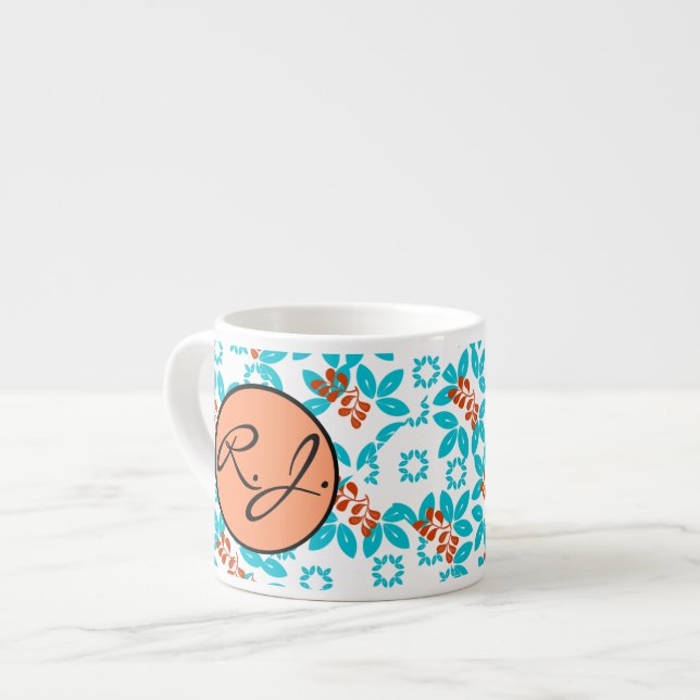 Retro Colour Leaf Pattern Monogrammed Espresso Cup (Front Left)