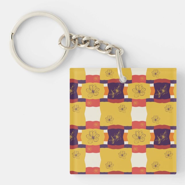 retro colour pattern with flowers key ring (Front)