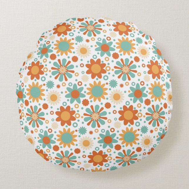 Retro coloured floral abstract pattern round cushion (Front)