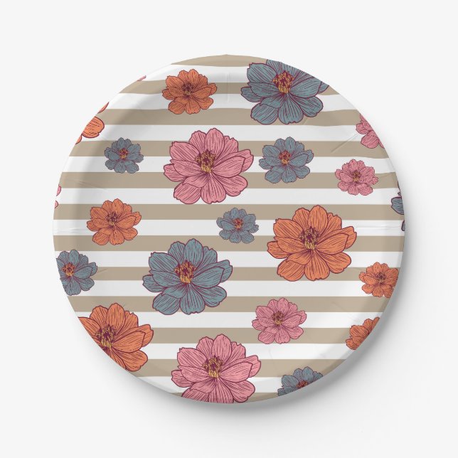 Retro Coloured Flower Pattern Paper Plate (Front)
