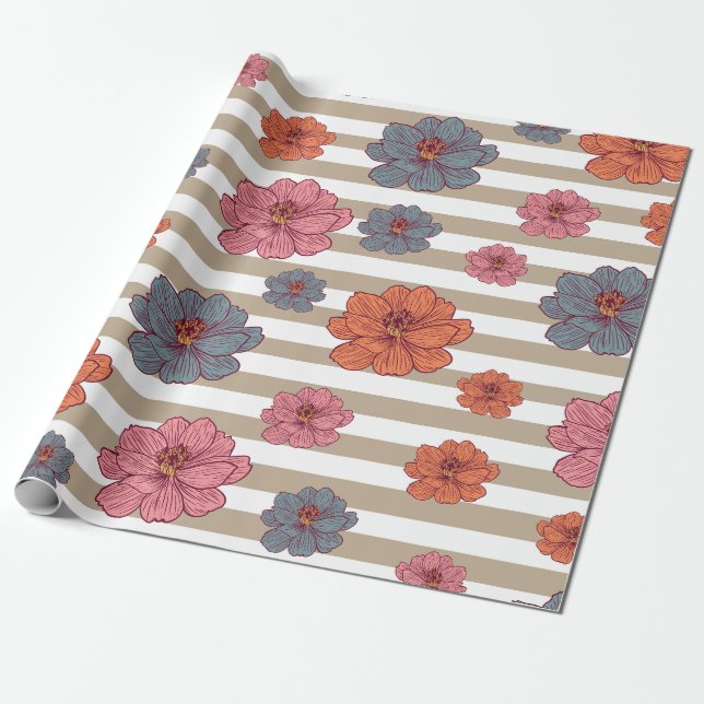 Retro Coloured Flower Pattern Wrapping Paper (Unrolled)