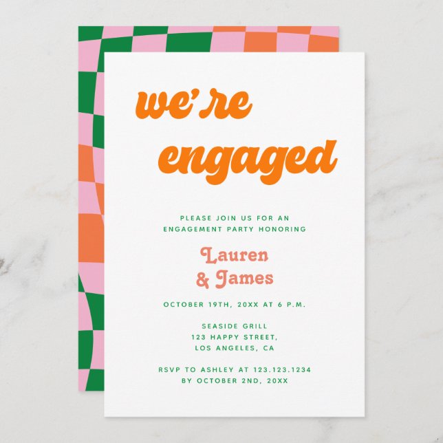 Retro Colourful 70s We're Engaged Engagement Party Invitation (Front/Back)