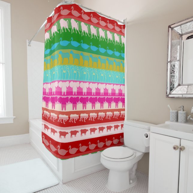 Retro Colourful Animals Modern Stripes Pattern #6 Shower Curtain (In Situ)