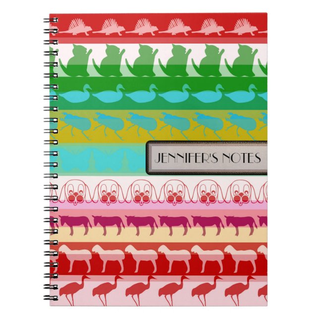 Retro Colourful Animals Modern Stripes Pattern Spiral Notebook (Front)