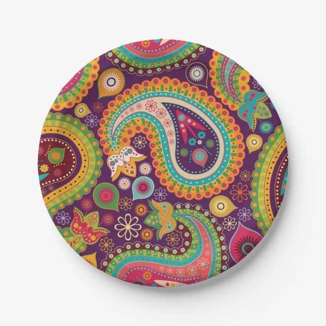Retro Colourful Beautiful Boho Bohemian Paisley Paper Plate (Front)