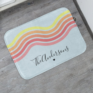 Retro Colourful Blue Groovy Lines Beach Sunrise  Bath Mat