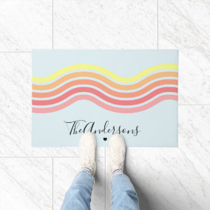 Retro Colourful Blue Groovy Lines Beach Sunrise Doormat