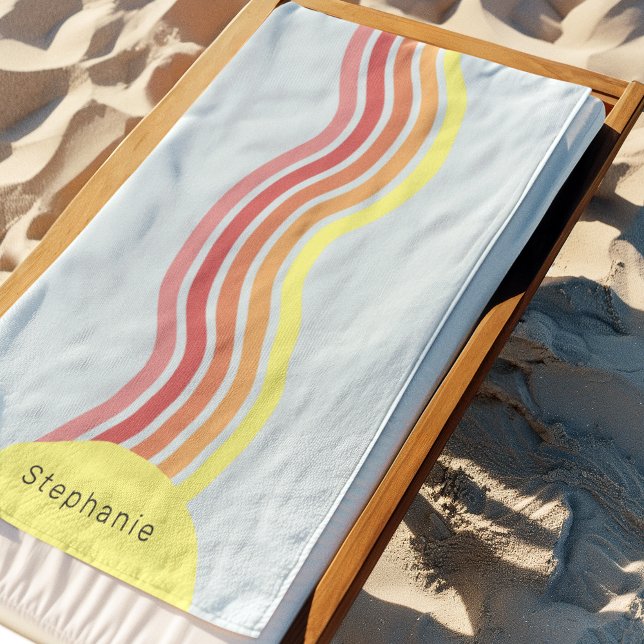 Retro Colourful Blue Groovy Lines Beach Sunrise  Towel (Creator Uploaded)