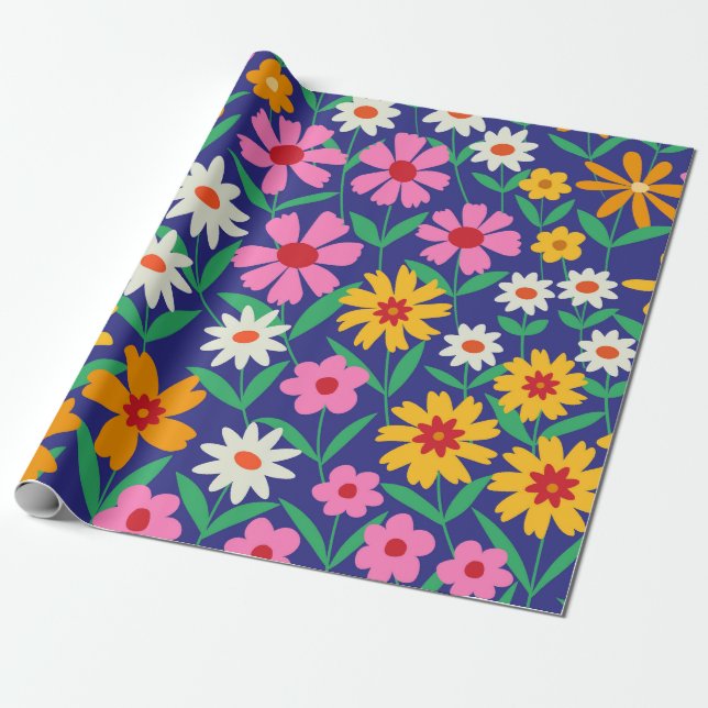 Retro Colourful Boho Flowers on Navy Blue  Wrapping Paper (Unrolled)