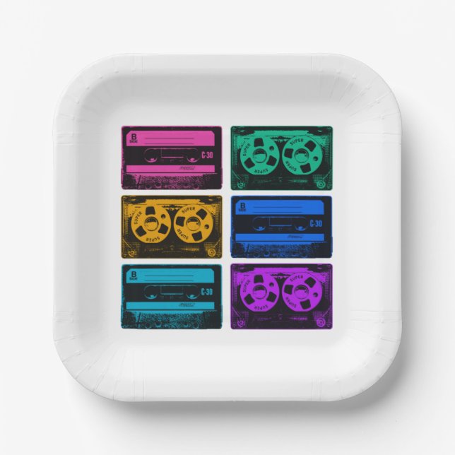 Retro Colourful Cassette Tapes Paper Plate (Front)