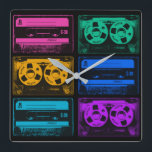 Retro Colourful Cassette Tapes Square Wall Clock<br><div class="desc">Back in the eighties everyone was wearing headphones and listening to their music on a portable cassette player. Insert your cassette and you had music anywhere anytime, until Side A ended and the tape had to be turned over to Side B. People could even make your own mix tapes! The...</div>