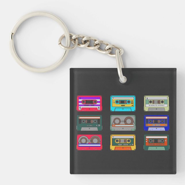 Retro Colourful Cassettes 80's Nostalgia Key Ring (Front)