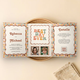 Retro Colourful Chequerboard Photo QR Code Wedding Tri-Fold Invitation