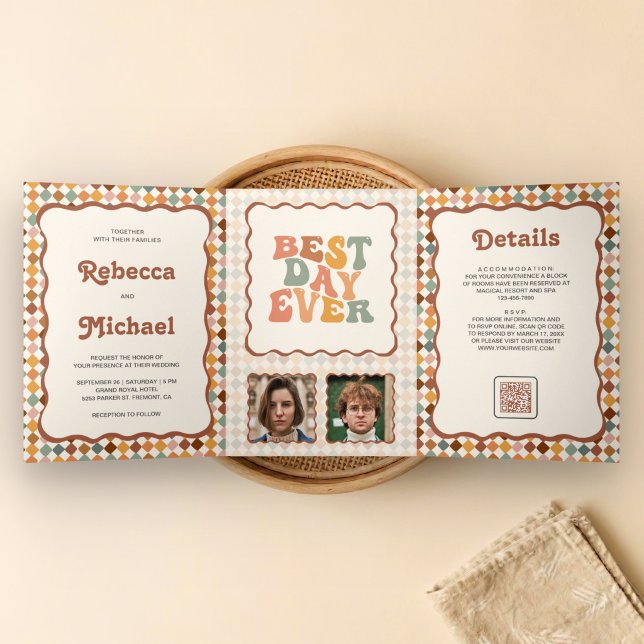 Retro Colourful Chequerboard Photo QR Code Wedding Tri-Fold Invitation (Creator Uploaded)