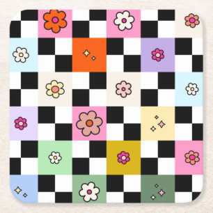 Retro Colourful Chequered Daisies Flower Check Square Paper Coaster