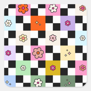 Retro Colourful Chequered Daisies Flower Check Square Sticker