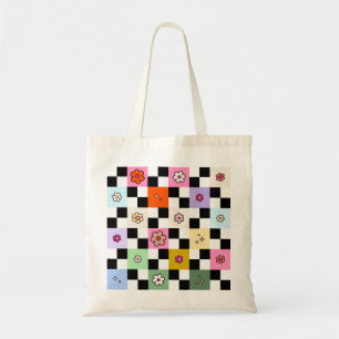 Retro Colourful Chequered Daisies Flower Check Tote Bag