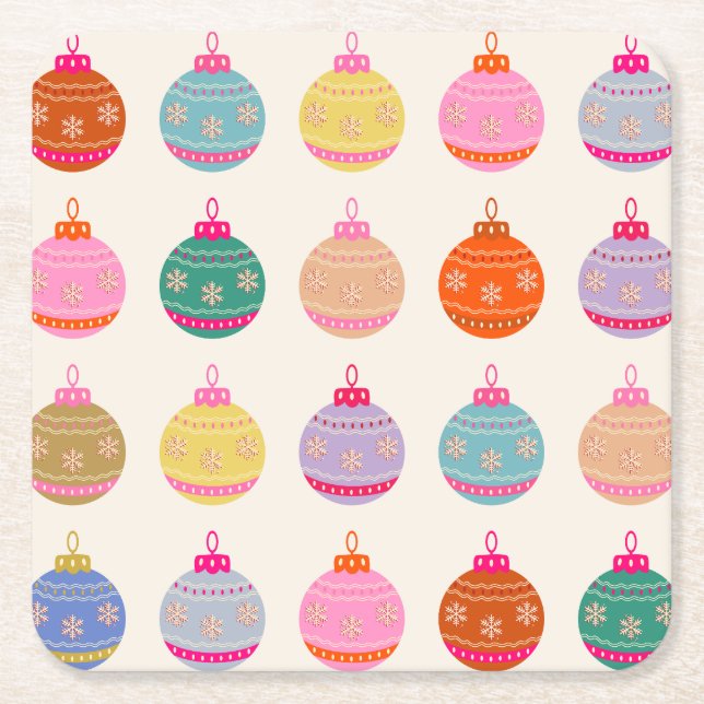 Retro Colourful Christmas Baubles Square Paper Coaster (Front)