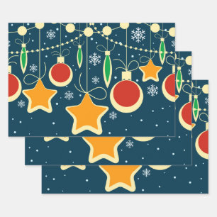 Retro Colourful Christmas Ornaments Design Wrapping Paper Sheet