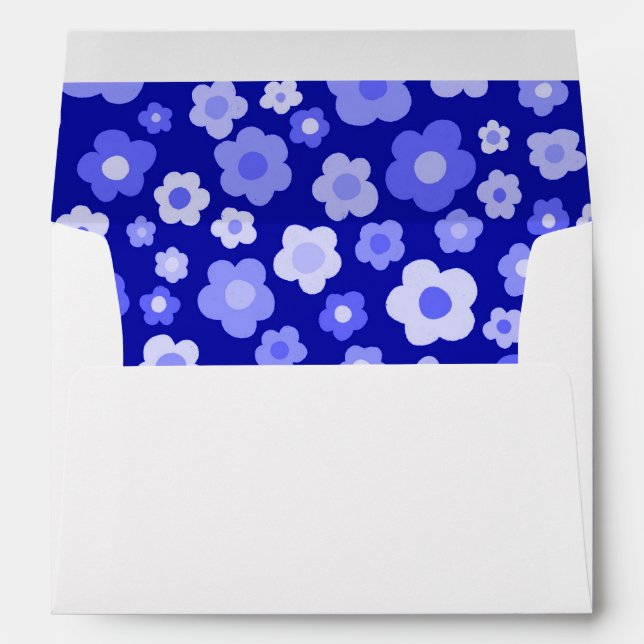 Retro Colourful Daisies Blue Bold Cheerful Wedding Envelope (Back (Bottom))