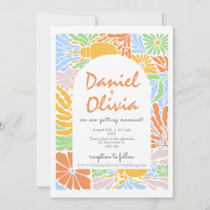 Retro Colourful Floral Frame Wedding Invitation