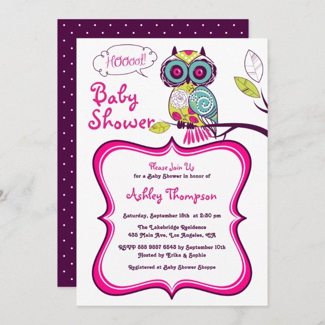 Retro Colourful Floral Owl Spring Baby Shower Invitation (Front/Back)
