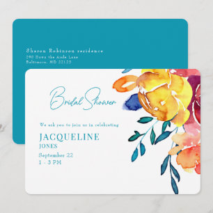 Retro Colourful Floral Turquoise Bridal Shower Invitation
