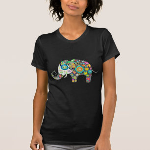Retro Colourful Flower Elephant & Diamonds Pattern T-Shirt